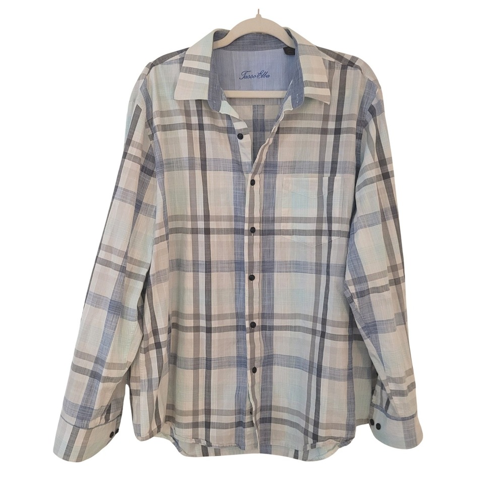 Tasso Elba Mens XL Blue Plaid Long Sleeve Button‎ Down 100% Cotton Shirt 17-17.5
